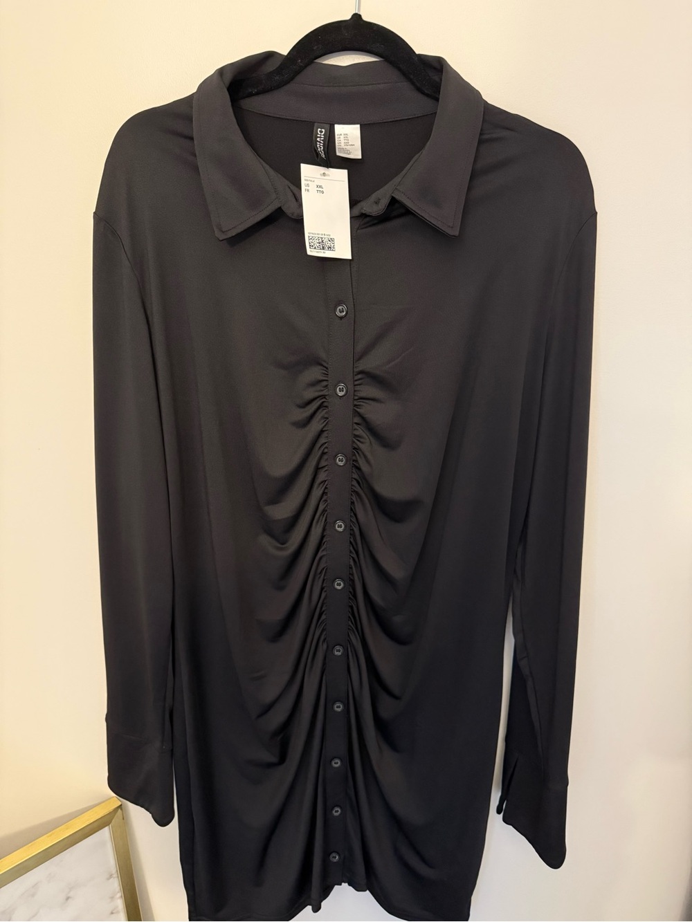 H&M Black Ruched Front Button-Down Long Sleeve Top